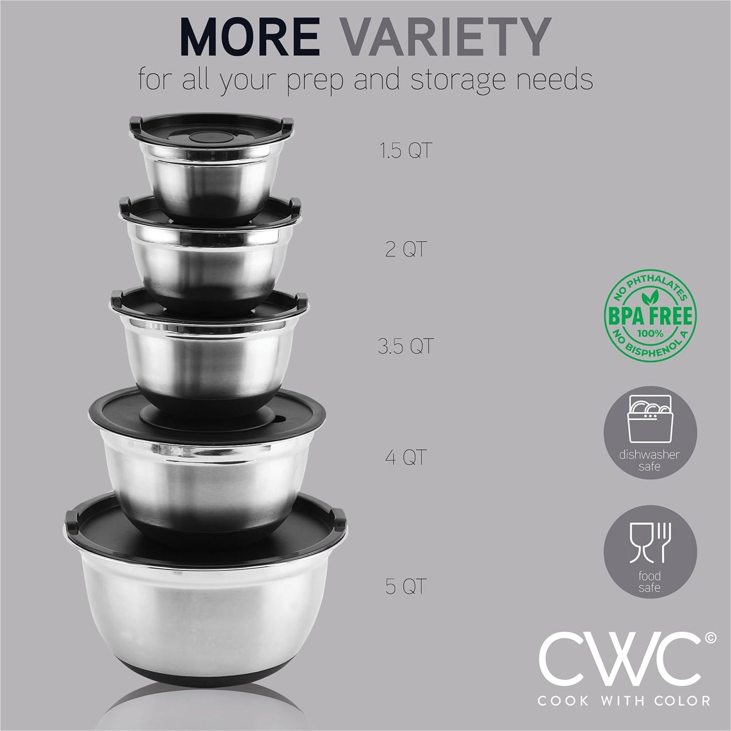 COOK WITH COLOR Stainless Steel Mixing Bowls Set with Lids - Nesting Bowls with Non-Slip Bottom, Sage, 12 Pieces