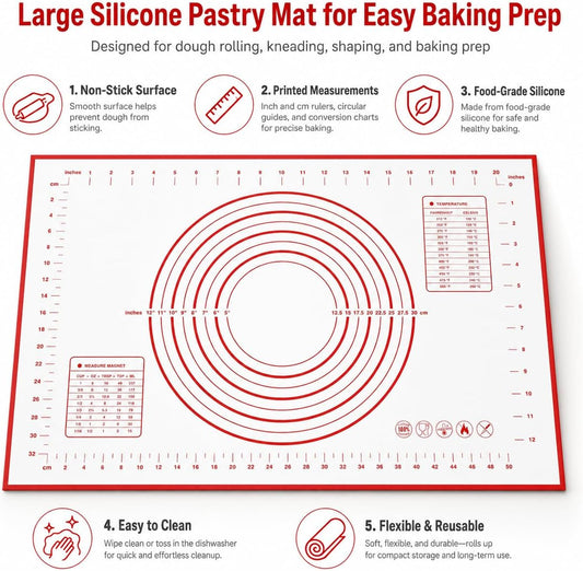 Silicone Pastry Mat 24 x 16 Inch, Nonstick Dough Mat with Measurements