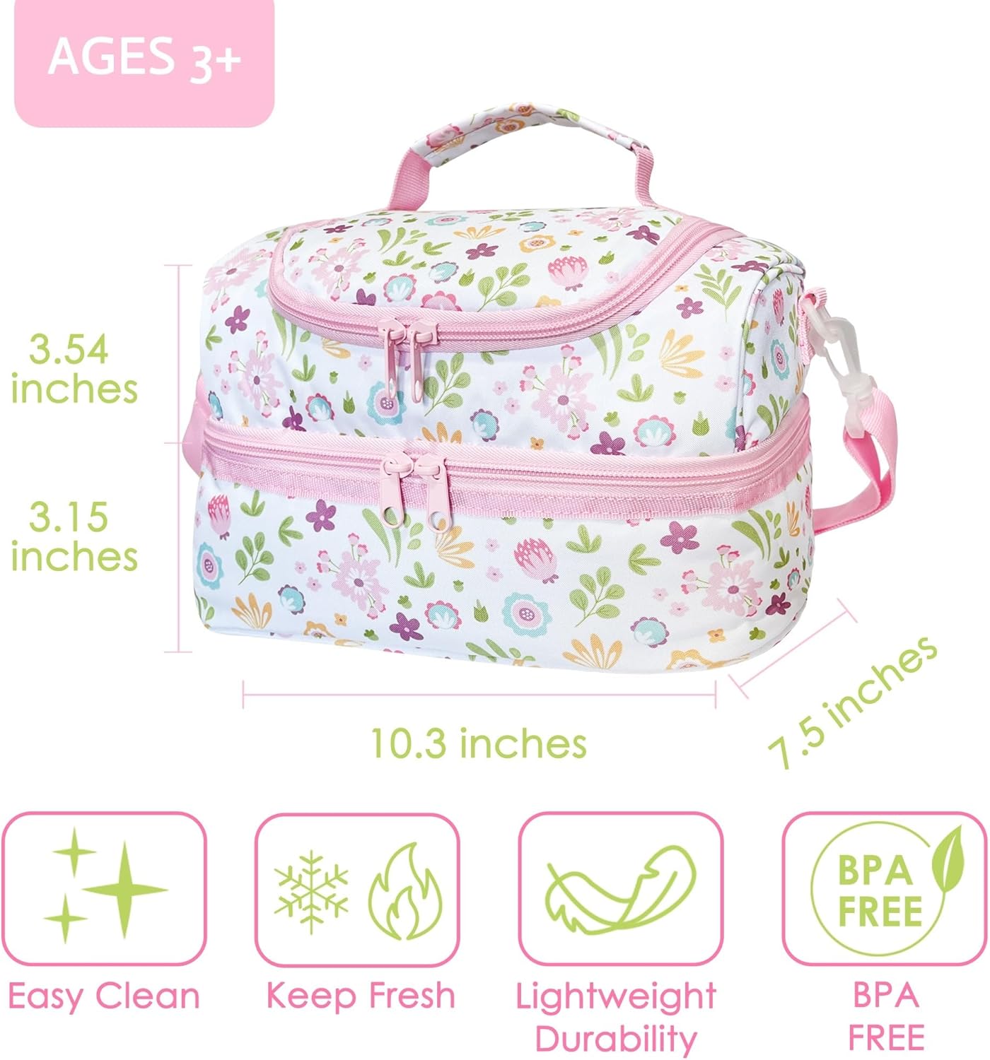 Insulated Kids Dual Compartment Lunch Bags Tote Pack for Girls Boys Toddler Kindergarten School Picnic Cooler Thermal Lunch Boxes with Strap (Green Rainbow)