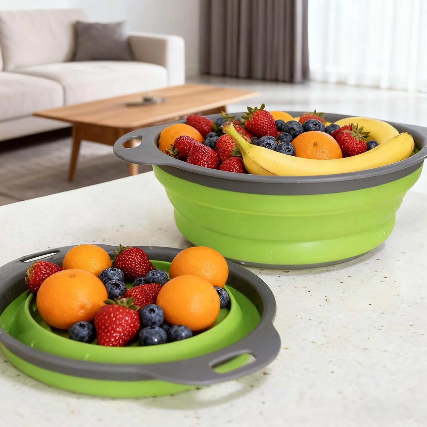 Three-Piece Collapsible Strainer - Made of Silicone with a Plastic Handle, Used for Draining Pasta, Vegetables, and Fruits - Space-Saving Kitchen Straining Basket (green)