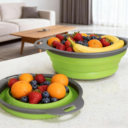 Three-Piece Collapsible Strainer - Made of Silicone with a Plastic Handle, Used for Draining Pasta, Vegetables, and Fruits - Space-Saving Kitchen Straining Basket (green)