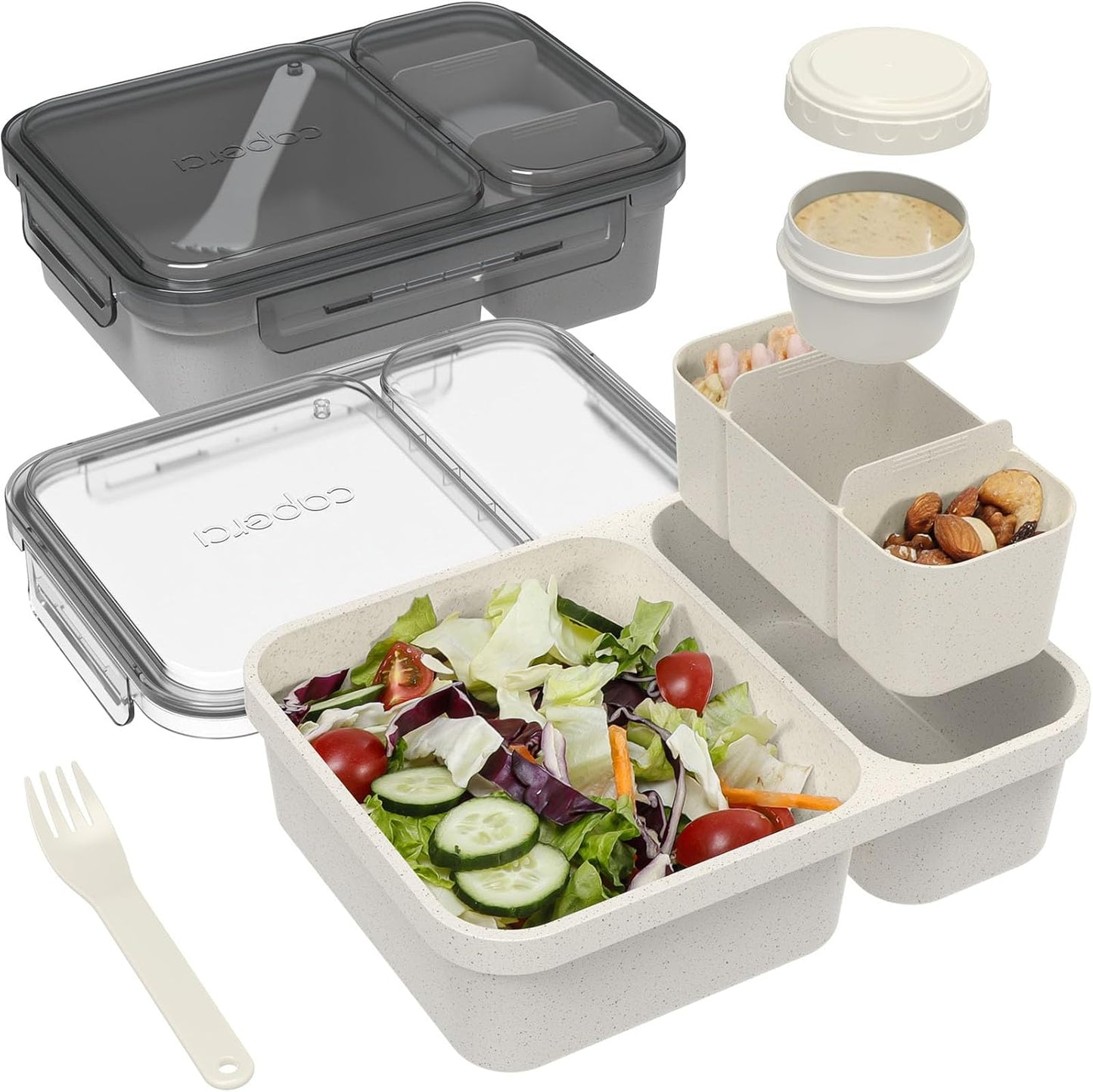 Caperci 2 Pack Salad Container for Lunch - 62 oz Large Bento Lunch Box for Adults, 2-Compartment Meal Prep Container with Removable Toppings Tray, Sauce Cup, Reusable Fork, BPA-Free (Purple & Green)