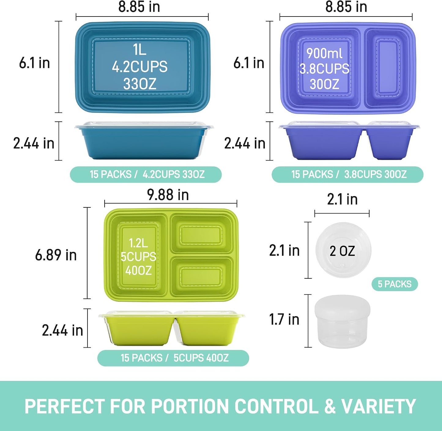 LISI 100-Piece Meal Prep Containers, 33oz Large Food Storage Containers with lids with 1, 2, 3-Compartment, Freezer Safe To-Go/Take-Out Boxes, Includes 5-Pack 2oz Dressing Cups for Take Out
