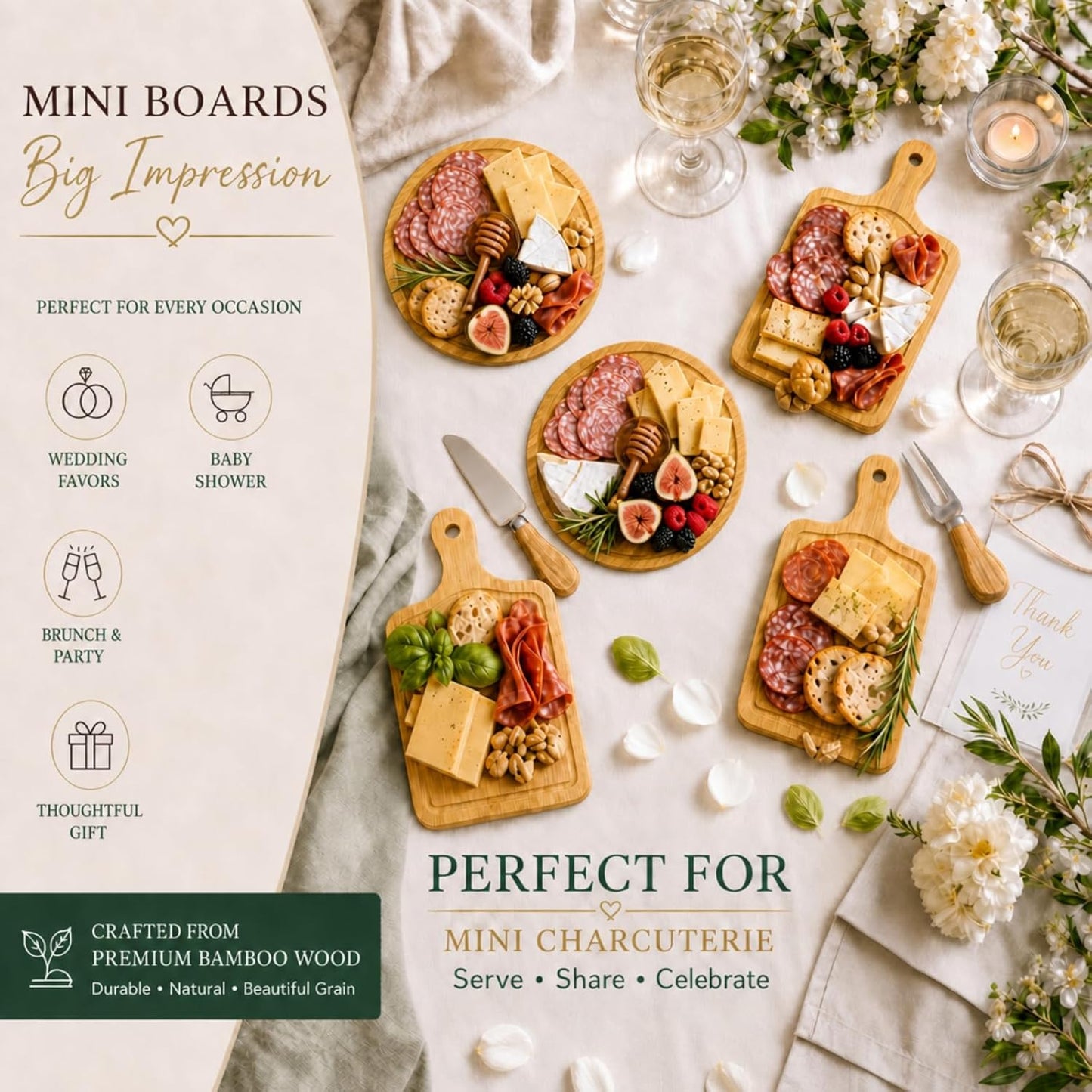 Maxcheck 6 Sets Baby Shower Bridal Game Prizes for Winners Round Cheese Board Set Wood Mini Charcuterie Board with Knives and Forks Thank You Card with Gift Box for Guests Wedding (Bamboo)