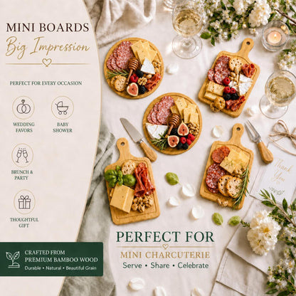 Maxcheck 6 Sets Baby Shower Bridal Game Prizes for Winners Round Cheese Board Set Wood Mini Charcuterie Board with Knives and Forks Thank You Card with Gift Box for Guests Wedding (Bamboo)