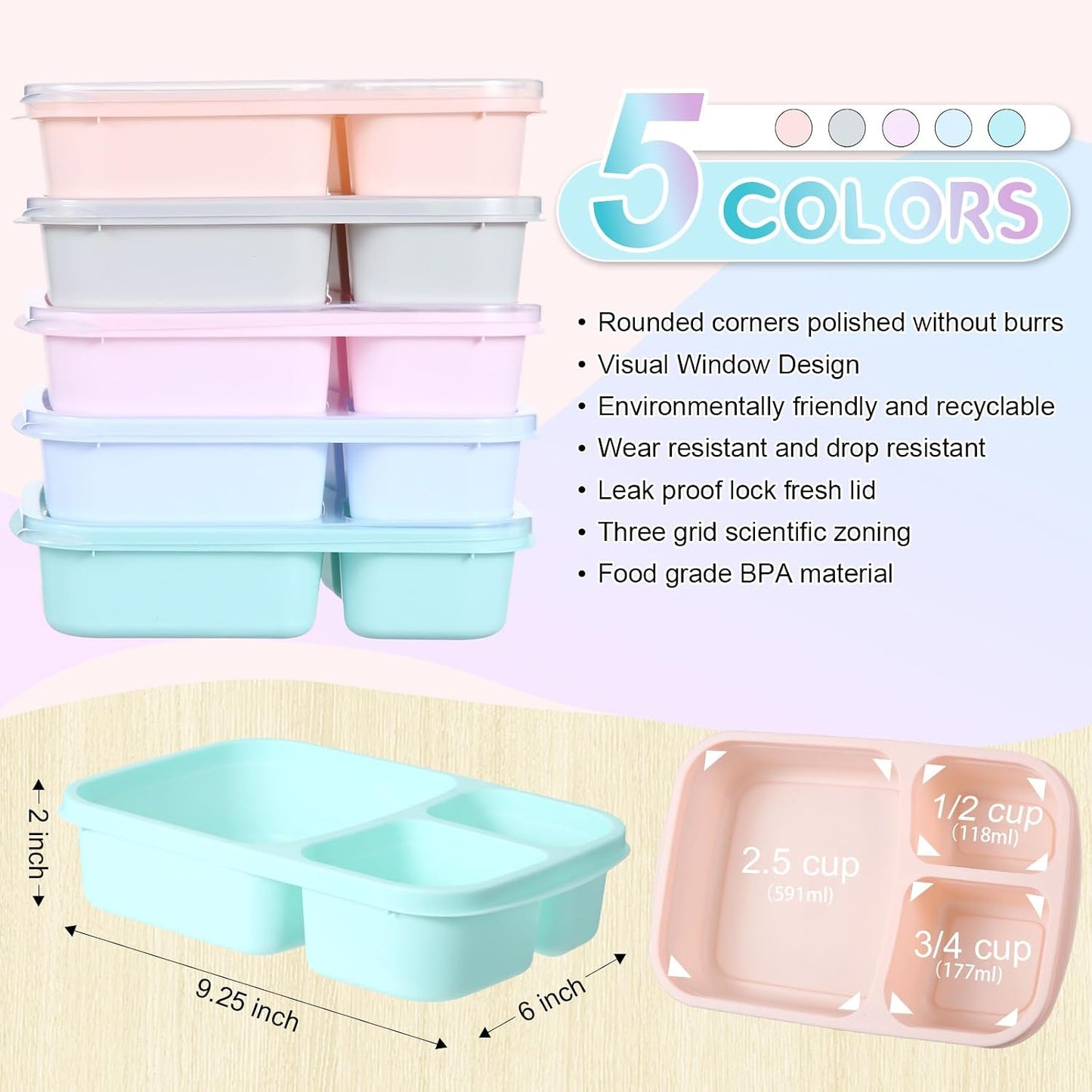 Honeydak 5 Pack Snack Containers 3 Compartment Bento Snack Boxes Divided Meal Prep Containers with Lids Reusable Adults Lunch Food Storage Box for School Work Travel(Elderberry)