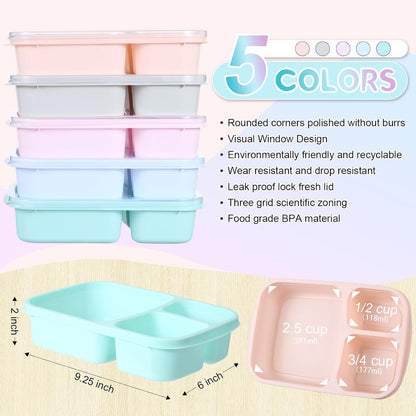 Honeydak 5 Pack Snack Containers 3 Compartment Bento Snack Boxes Divided Meal Prep Containers with Lids Reusable Adults Lunch Food Storage Box for School Work Travel(Elderberry)