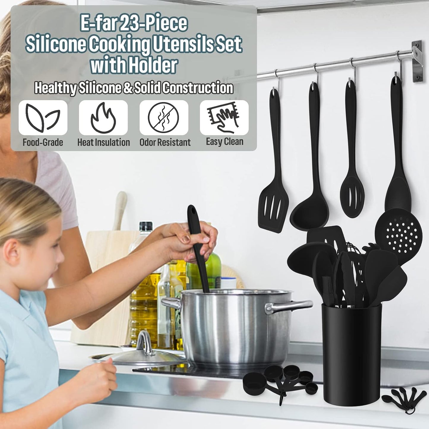 E-far Silicone Cooking Utensils Set, 7-Piece Black Heat Resistant Kitchen Utensils Set, Kitchen Nonstick Tools Spatula Ladle Spoon Pasta Server for Non-stick Cookware, Non-Toxic & Dishwasher safe