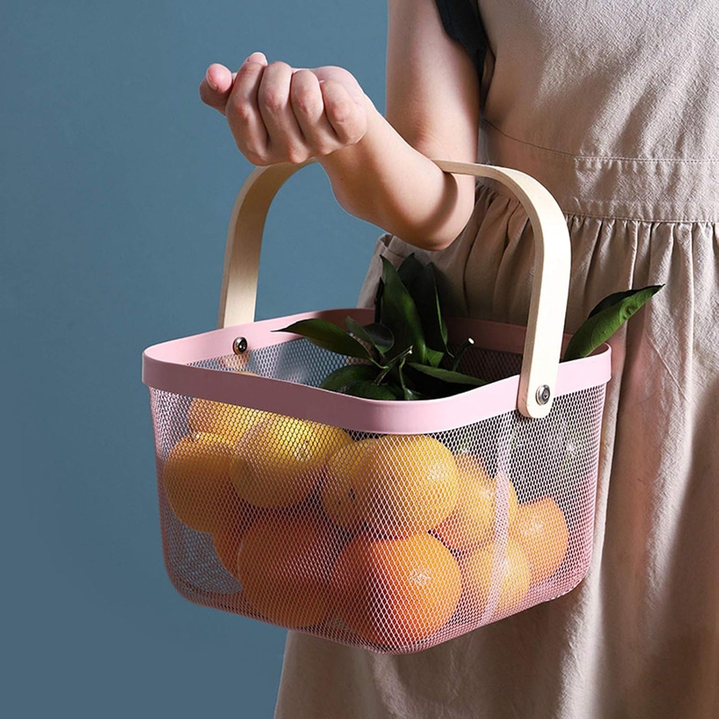 AJIODA Metal Mesh Steel Basket, Storage Organizer Basket Multi-functional Hanging Kitchen Baskets Fruit Basket Bin with Bamboo Handle for Kitchen Bathroom Picnic Shopping Decor Cabinet Home, Blue