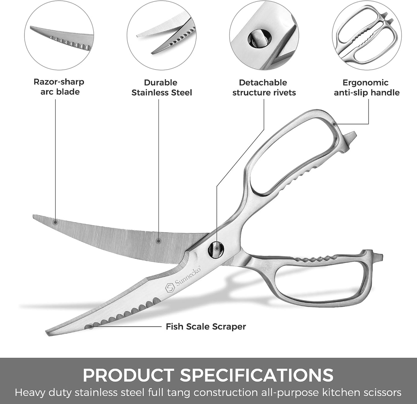 Sunnecko Heavy Duty Kitchen Scissors - Stainless Steel Kitchen Shears, Ultra Sharp Micro Serrated Poultry Shears, Cooking Scissors for Meat, Dishwasher Safe