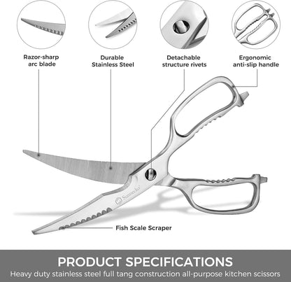 Sunnecko Heavy Duty Kitchen Scissors - Stainless Steel Kitchen Shears, Ultra Sharp Micro Serrated Poultry Shears, Cooking Scissors for Meat, Dishwasher Safe