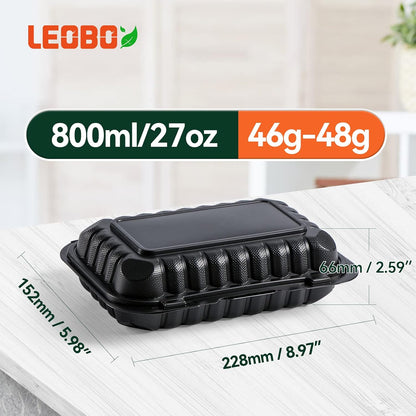 Takeout Container Mineral Filled PP Plastic - 7.8 Inch 30oz 65 Pack BPA Free 3 Compartments Shrink Wrap Bento Box | Freezer & Microwave Safe for Picnic | Black Reusable & Disposable Containers