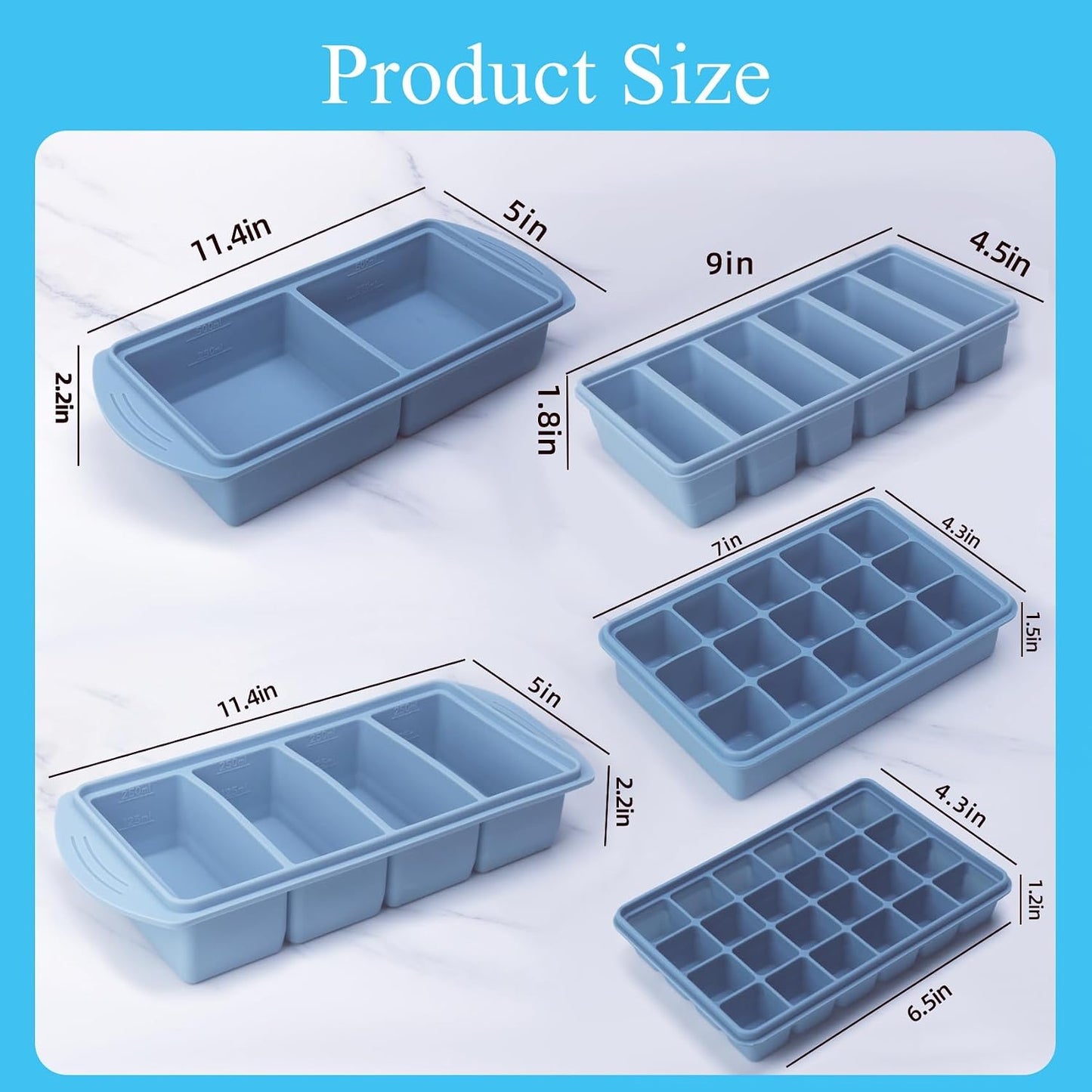 Silicone Freezer Molds Gift Set with 1,and 2 Tbsp, 1/2, 1, and 2 Cup Silicone Freezer Trays With Lids - Meal Prep and Kitchen Essentials Bundle (Blue 5 Pack)