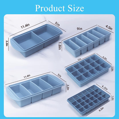 Silicone Freezer Molds Gift Set with 1,and 2 Tbsp, 1/2, 1, and 2 Cup Silicone Freezer Trays With Lids - Meal Prep and Kitchen Essentials Bundle (Blue 5 Pack)