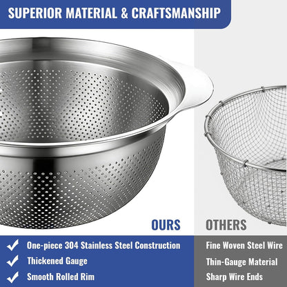 Stainless Steel Colander Set of 2, Nesting Kitchen Strainers with Handles & Stable Base, One-Piece Pasta Drainer for Fruit, Vegetables & Food Prep, Dishwasher Safe(2QT&3QT)