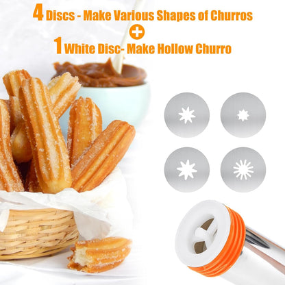 PAHTTO Churro Maker Machine, Stainless Steel Churros Gun Kit, 3-in-1 Multifunctional Cookie Press Hollow Churro with Piping Bag, 7 Piping Nozzles, 9 Cookie Discs & 2 Brushes, Easy to Clean