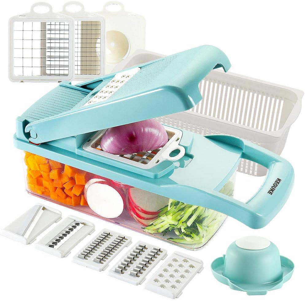 KEOUKE Vegetable Chopper Mandoline Slicer Grey - 12 in 1 Interchangeable Blades Food Chopper with Container, Hand Guard & Drainer, Veggie Dicer Kitchen Gadget for Onion, Cucumber, Tomato, Fruit