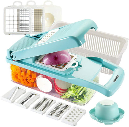 KEOUKE Vegetable Chopper Mandoline Slicer Grey - 12 in 1 Interchangeable Blades Food Chopper with Container, Hand Guard & Drainer, Veggie Dicer Kitchen Gadget for Onion, Cucumber, Tomato, Fruit