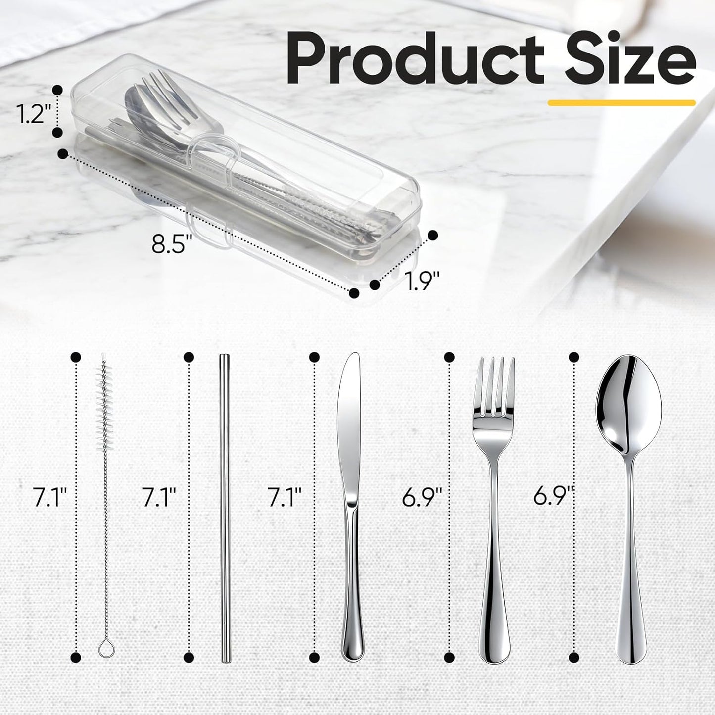 Travel Camping Utensils with Case, 6 Pcs Reusable Stainless Steel Silverware Cutlery Set, Spoon, Fork, Knife + Straw/Brush Kit for Camping, Travel, Office, Lunch Box, Eco On-the-Go (silver)