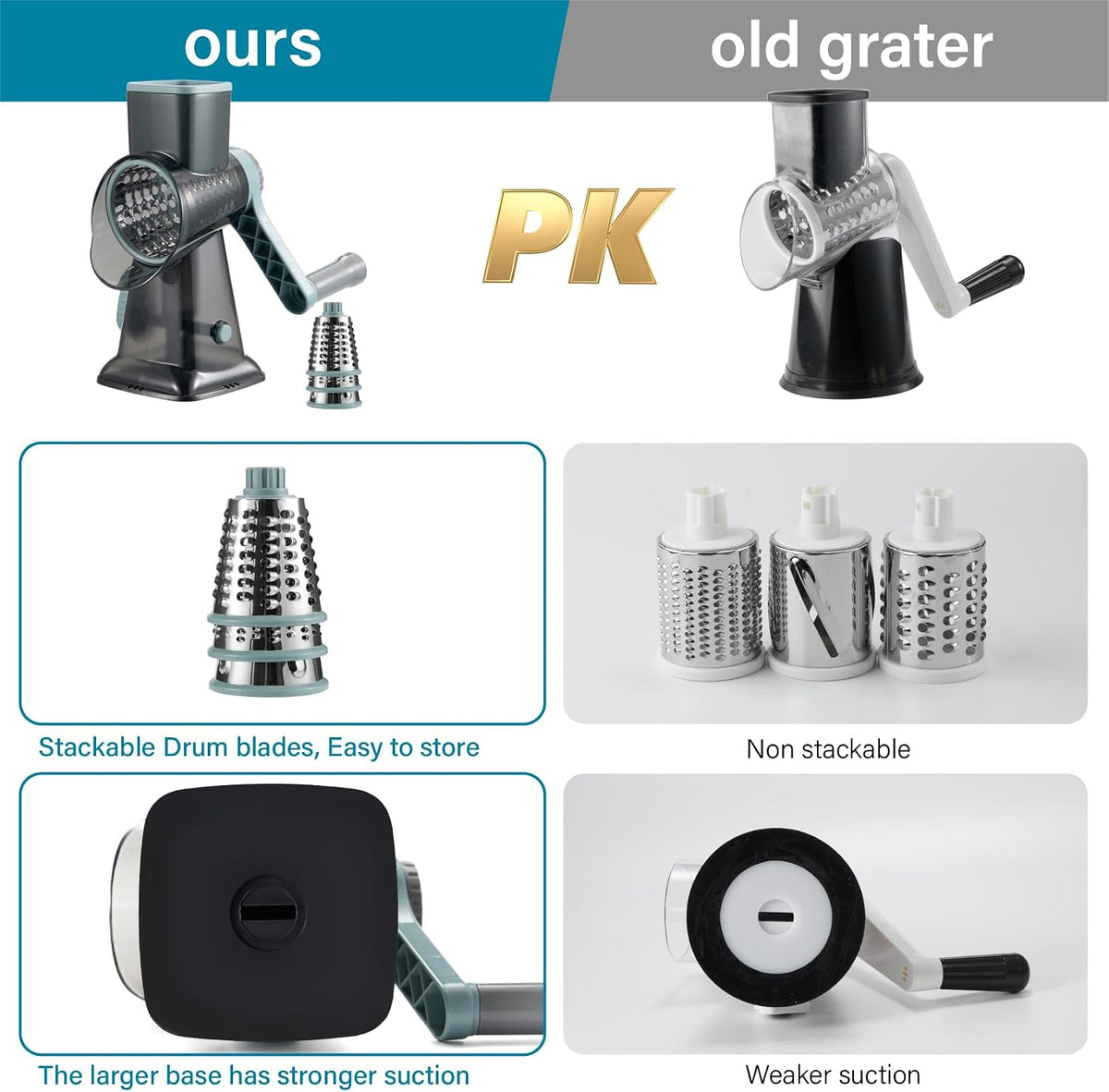 Rotary Cheese Grater hand crank 3 blades with Stronger Suction Base | Stainless Steel Blades for Fruits, Vegetables, Nuts. Dishwasher Safe & Easy to Clean, Transparent Black & Blue