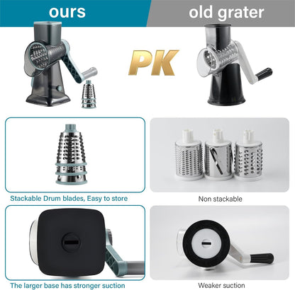 Rotary Cheese Grater hand crank 3 blades with Stronger Suction Base | Stainless Steel Blades for Fruits, Vegetables, Nuts. Dishwasher Safe & Easy to Clean, Transparent Black & Blue