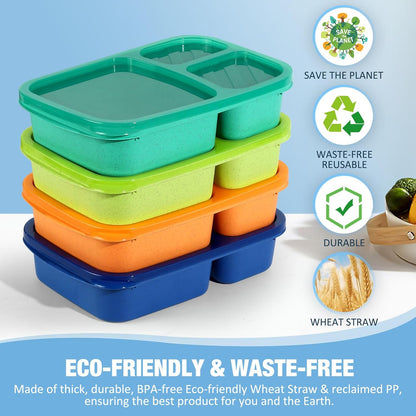 Caperci Bento Lunch Box Containers for Adults & Kids - 3-Compartment Reusable Meal Prep Containers with 2 Sauce Containers for School, Work, Travel, Wheat Straw, 4-Pack (Vintage Colors)