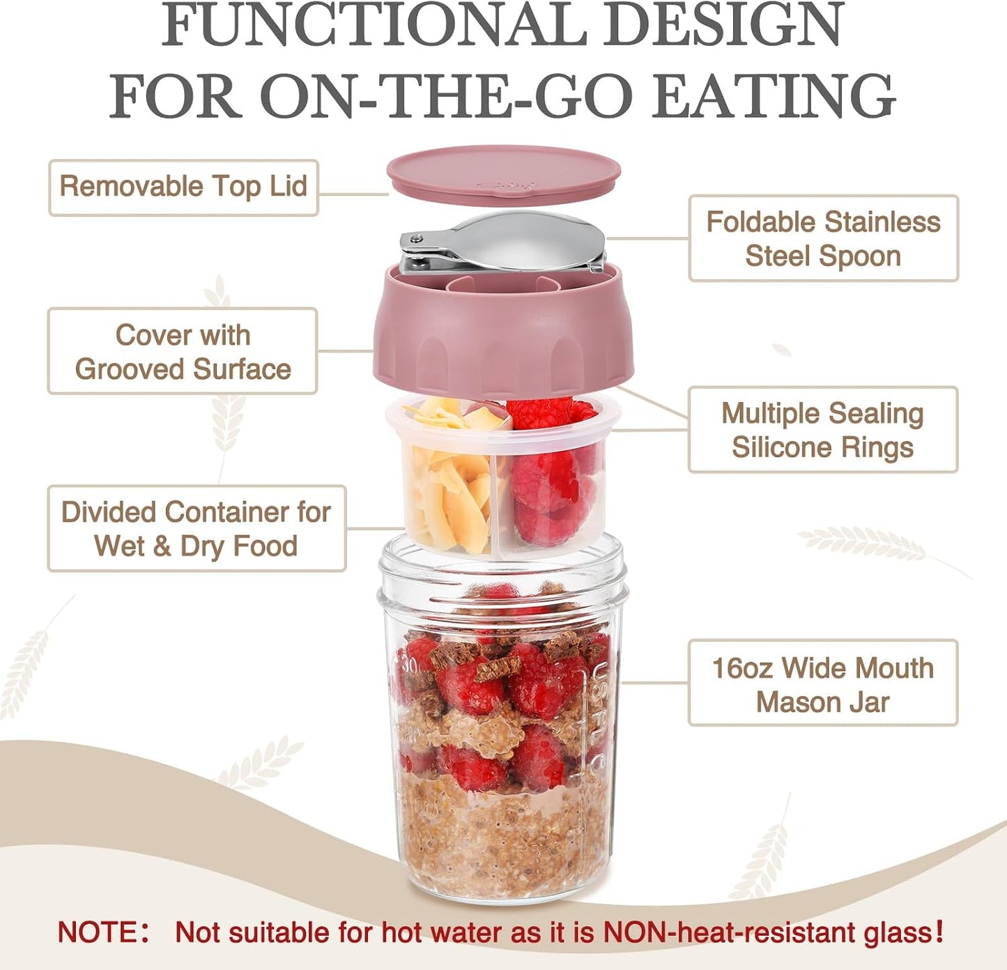 SOLIGT 4 Pack Overnight Oats Containers with Lids, Folding Spoons and Divided Compartments for Fruit & Nuts, Small Glass 16oz Mason Jars for Oatmeal (4 Set-Oat White/Green/Rose/Blue)