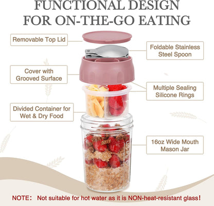 SOLIGT 4 Pack Overnight Oats Containers with Lids, Folding Spoons and Divided Compartments for Fruit & Nuts, Small Glass 16oz Mason Jars for Oatmeal (4 Set-Oat White/Green/Rose/Blue)