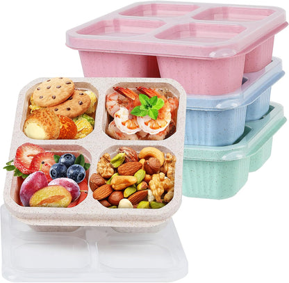 buluker 8 Pack Bento Snack Containers Set， 4 Compartment Food Storage Containers ，Wheat Straw Meal Prep Lunch Box ，Plastic Food Storage container, Microwave and Dishwasher Safe (Bright color)