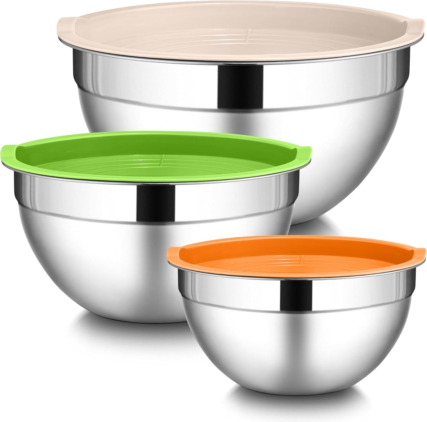 LIANYU Mixing Bowls with Airtight Lids Sets, 3 Packs Stainless Steel Metal Mixing Bowls, Ideal for Prepping, Cooking, Storage, Serving, Freezer & Dishwasher Safe, Khaki
