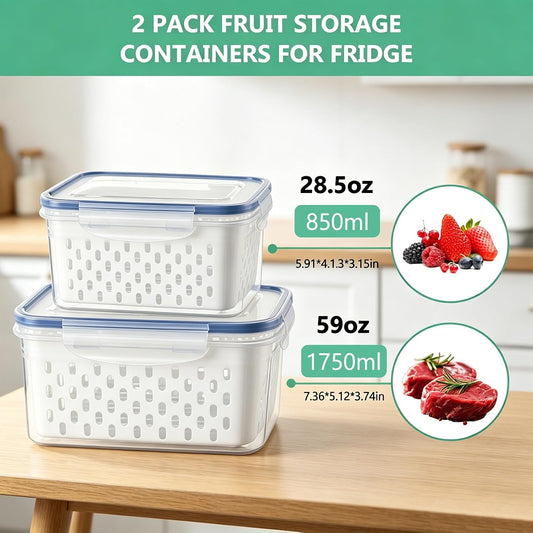 2 Pcs Fruit Storage Containers for Fridge with Removable Colander & Lid
