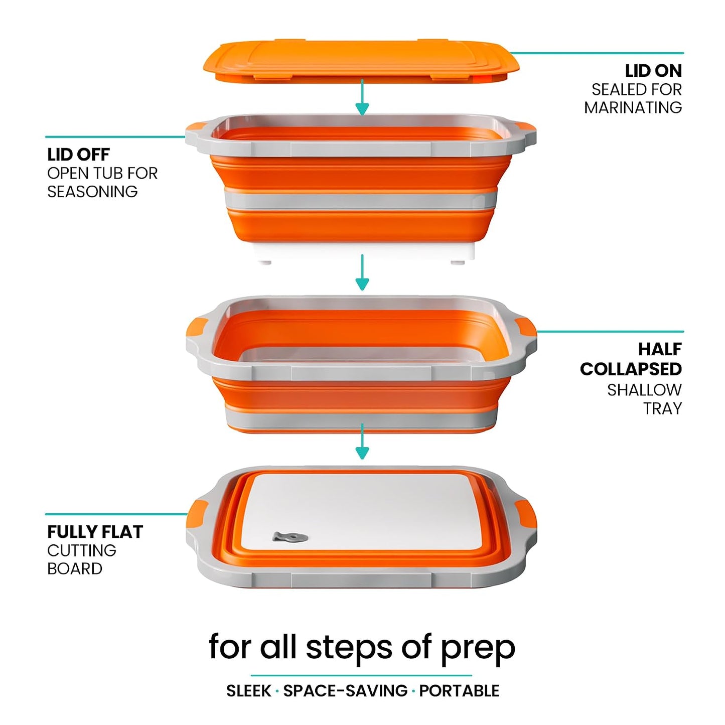 Collapsible BBQ Prep Tub with Lid and Drain Spout, 16L Portable Meat Marinating and Grilling Tray, Cutting Board Food Storage Container for Outdoor Cooking, Camping, Tailgating and Kitchen Prep