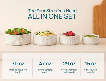 KooK Serving Bowls, with Lids, Ceramic Nesting Bowls, Set of 4, Embossed, Kitchen, Prep, Stackable, Gift, Microwave and Dishwasher Safe, 10/16/29/47 oz, Narbonne Collection (Ivory)