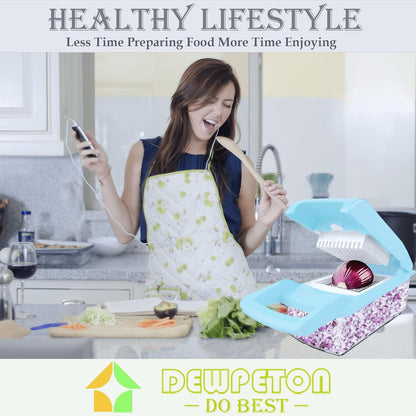 Vegetable Chopper Dicer with Container | Cheese Grater Mandoline Slicer Cabbage Shredder French Fry Cutter Stainless Steel for Veggie Onion Potato Fruit Food, Manual Hand Cooking Gadget for Kitchen