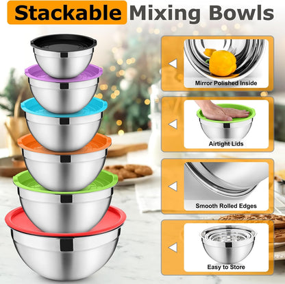 P&P CHEF Mixing Bowls with Lids Set of 6, Stainless Steel Nesting Salad Bowl & 3 Grater Attachments for Prepping Storing, 4.6/2.6/2/1.5/1/0.7 QT, Khaki