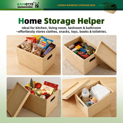 BAMOTTO CRAFTBAMBOO 2-Piece Large Bamboo Storage Box Set - 7.1in High Stackable Deep-Drawer Organizer, Lidless Bin for Kitchen Cutlery Utensils, Home & Office (14.6"x10.2"x7.1"+14.6"x10.2"x3.1")