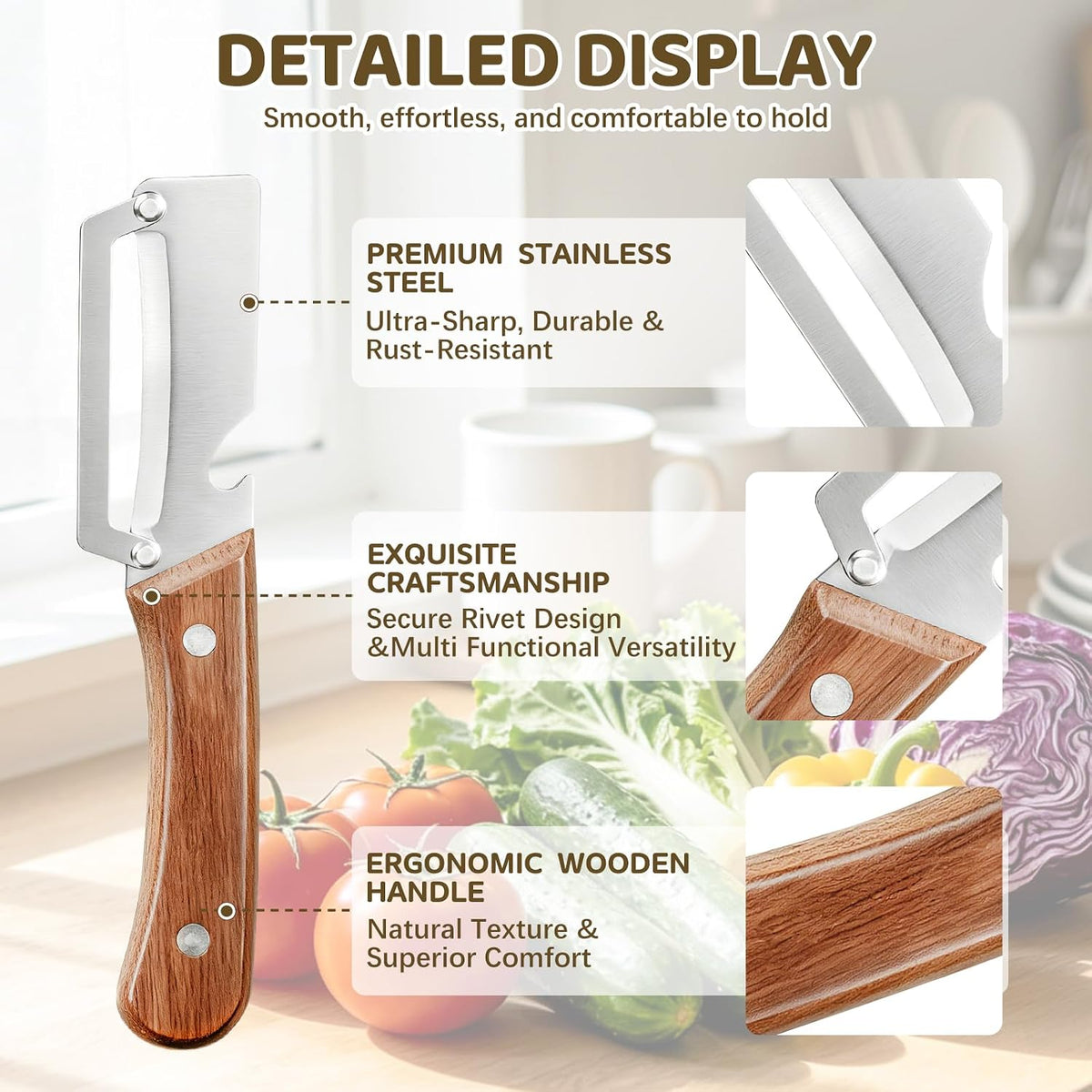 Left & Right Hand Vegetable Peeler Set with Scallion Slicer & Bottle Opener, Heavy-Duty Thick Stainless Steel Blade, Multi-Function Kitchen Peeler with Wooden Handle for Fruits & Vegetables(New 2pcs)