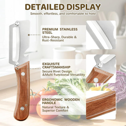 Left & Right Hand Vegetable Peeler Set with Scallion Slicer & Bottle Opener, Heavy-Duty Thick Stainless Steel Blade, Multi-Function Kitchen Peeler with Wooden Handle for Fruits & Vegetables(New 2pcs)