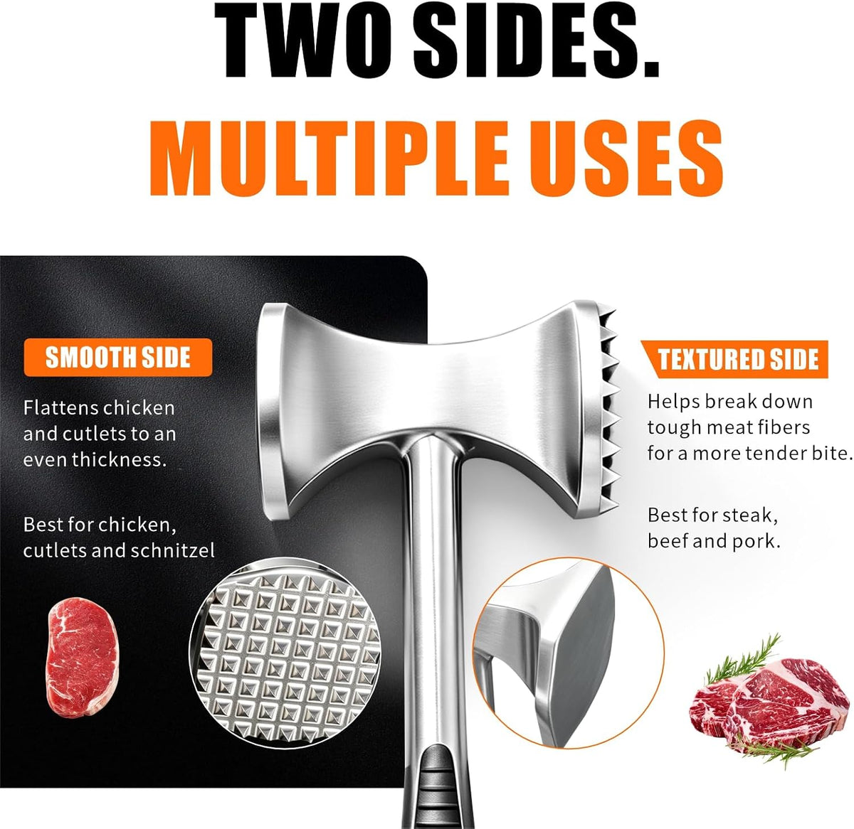 Meat Tenderizer Hammer, Dual-Sided Aluminum Alloy Mallet, Balanced Weight