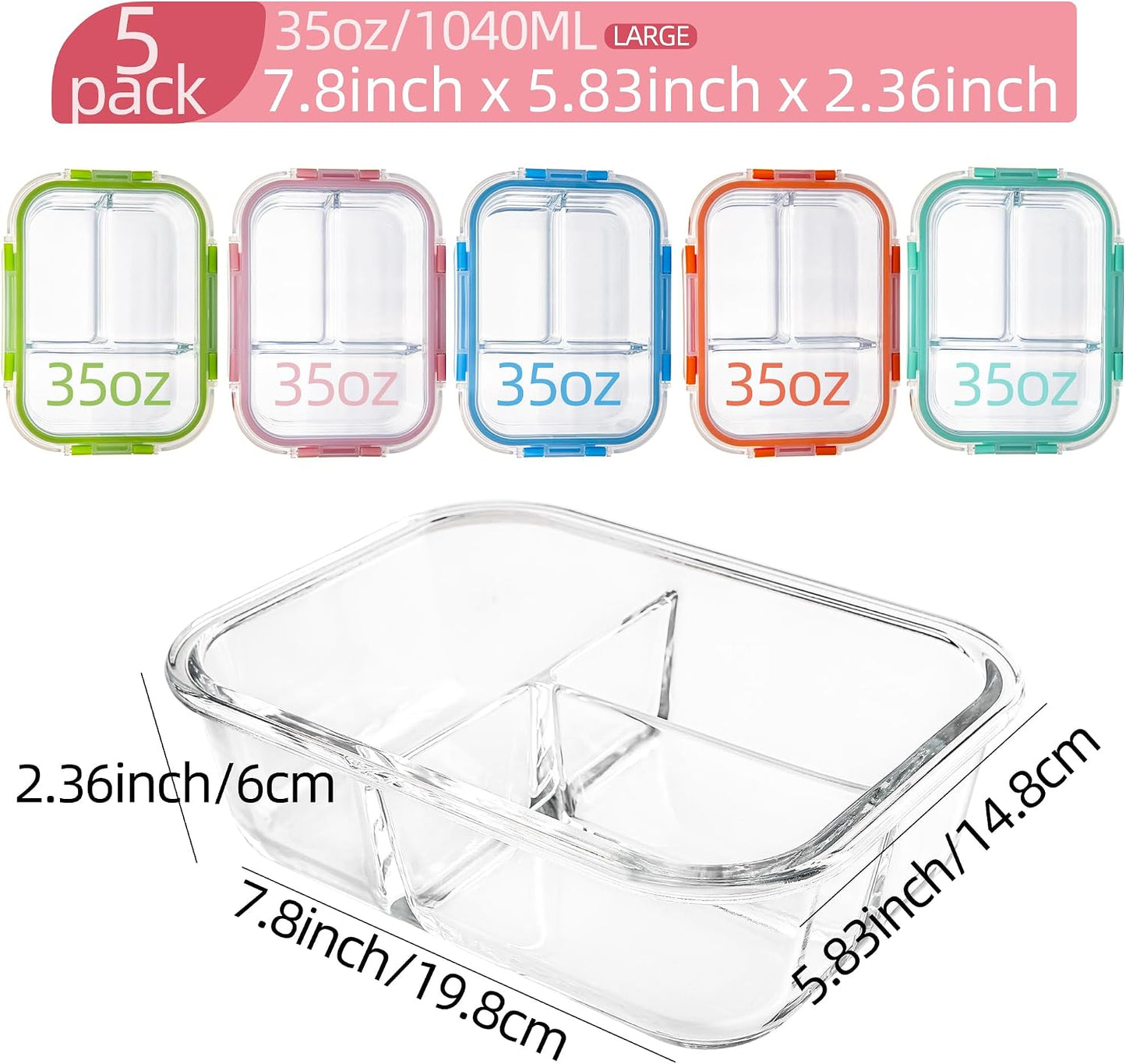 5 Pack Glass Meal Prep Containers 3 Compartment with Lids, Divided Glass Storage Containers with Silicone Sleeve for Lunch, Leak-Proof Portion Control Food Containers, Dishwasher Safe, 34 oz