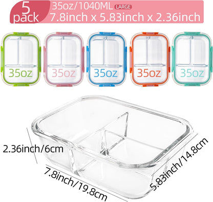 5 Pack Glass Meal Prep Containers 3 Compartment with Lids, Divided Glass Storage Containers with Silicone Sleeve for Lunch, Leak-Proof Portion Control Food Containers, Dishwasher Safe, 34 oz