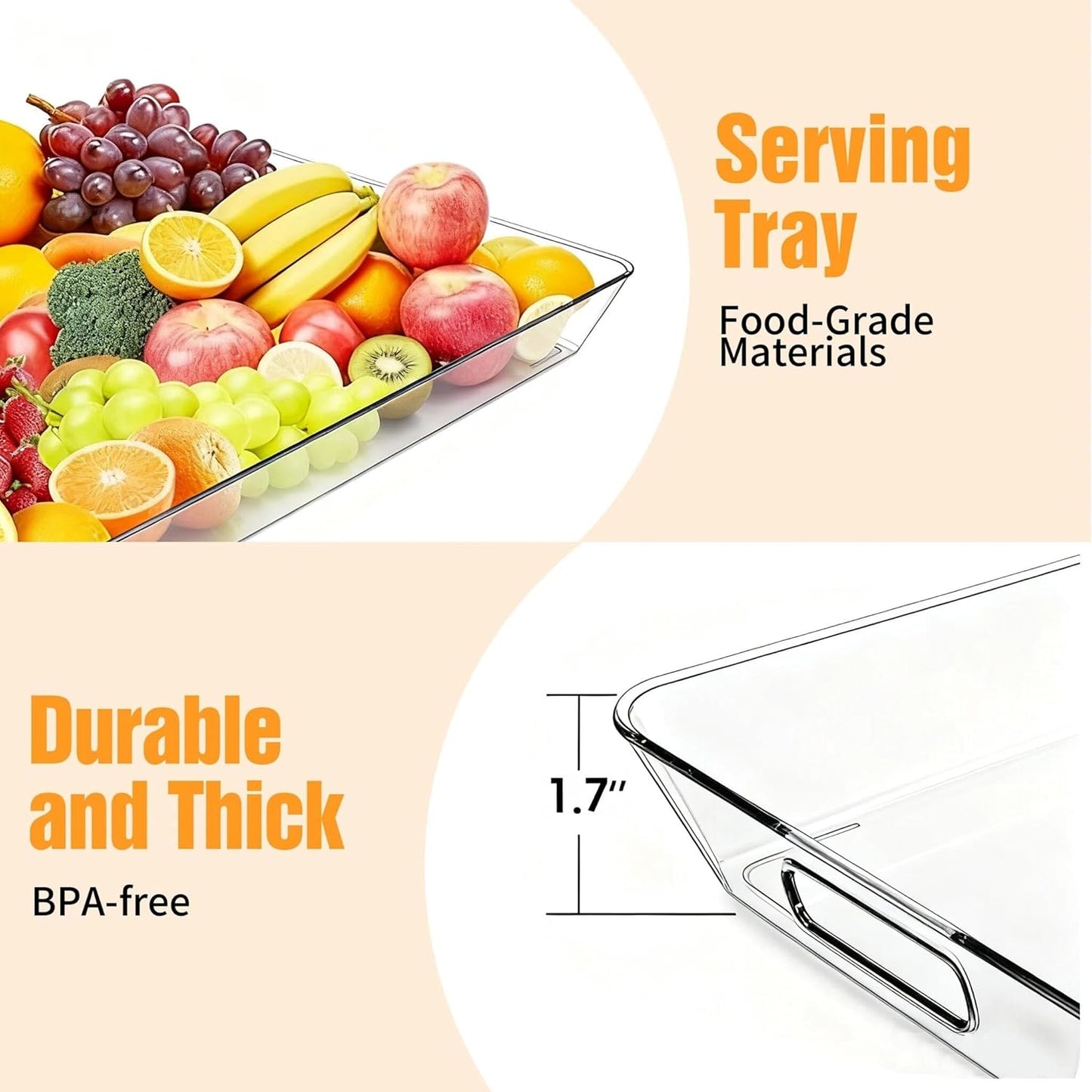 Clear Plastic Serving Tray with Handles, BPA-Free Storage Organizer Tray - Large Serving Trays 16"x11.5" Reusable Serving Platters for Appetizer, Fruit, Kitchen, Desk & Serving Tray for Party Supplies