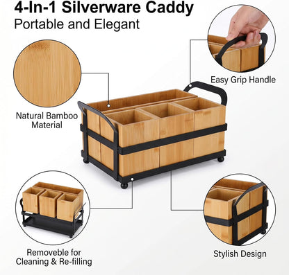 Silverware Caddy with 4 Removable Bamboo Compartments, Wood Utensil Holder & Paper Plate Dispenser for Countertop Organizing, Flatware, Spoons, Forks, Parties, BBQs, Picnics