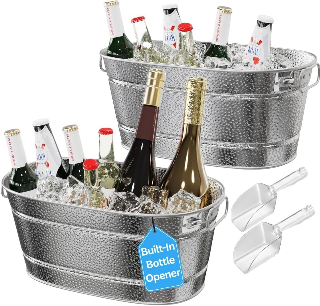 2 Pack Galvanized Tub with Handles - Beverage Tub with 2 Ice Scoops, 3 Gallon Ice Bucket for Parties, Metal Drink Buckets for Parties for Champagne Cocktails Wine Cooling for Mimosa Bar Supplies