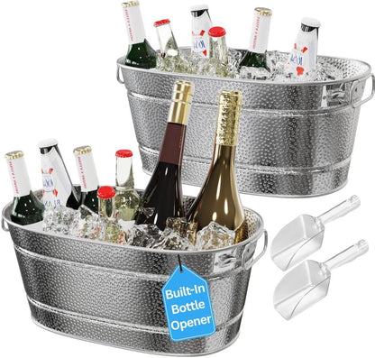 2 Pack Galvanized Tub with Handles - Beverage Tub with 2 Ice Scoops, 3 Gallon Ice Bucket for Parties, Metal Drink Buckets for Parties for Champagne Cocktails Wine Cooling for Mimosa Bar Supplies