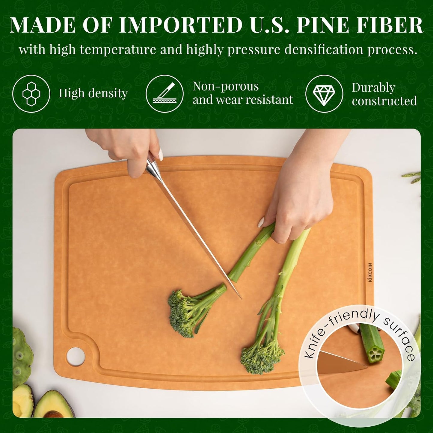 Kikcoin Wood Cutting Board, Cutting Boards for Kitchen Dishwasher Safe Non-slip Chopping Board with Juice Groove, Wood Fiber Composite Cutting Board with Hanging Hole, 14.6"*10.8"