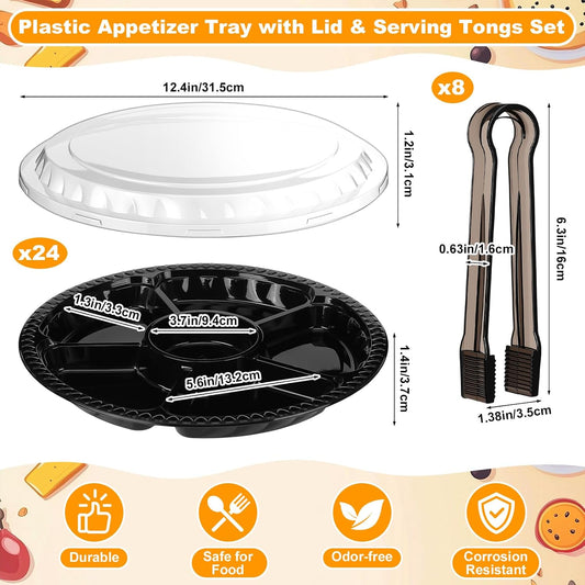 Rtteri 24 Pack 12.4 Inch Plastic Appetizer Trays with Lids and 8 Pack 6.3'' Black Serving Tongs 6 Sectional Round Plastic Serving Tray Disposable Compartment Platter for Party Fruit Snack Veggie