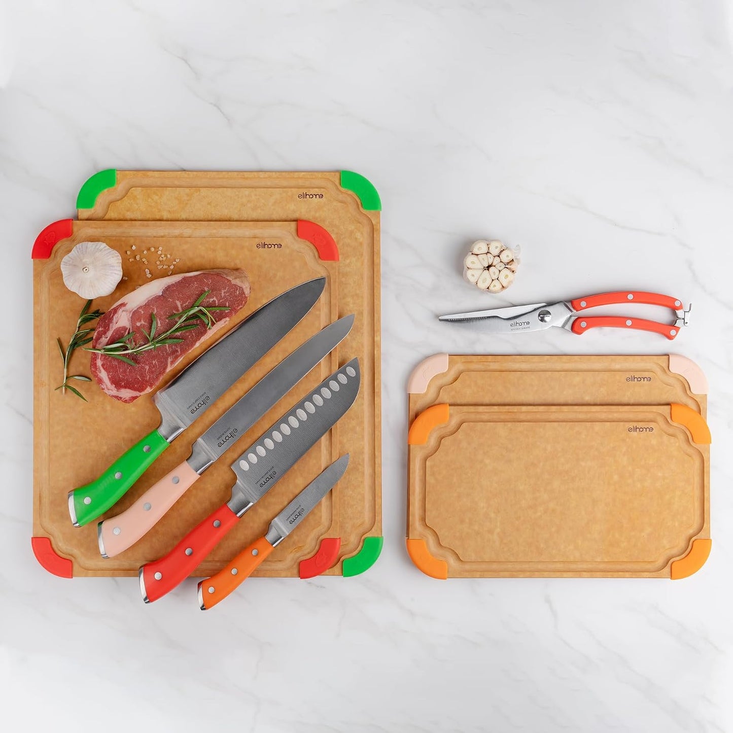 Elihome Cutting Wise 4pcs Kitchen Cutting Board Set, Non Slip Feet, Color Coded with Food Icon, Natural Wood Fiber, Dishwasher Safe, Eco-Friendly, Juice Grooves,Non Porous, BPA Free, Made in USA