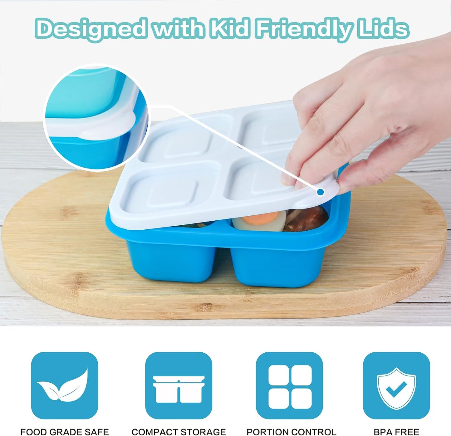 Finorder 6 Pack 4-Compartment Snack Containers, Reusable Food Containers for Kids School, Adults Office, Picnic Trip, Lunch Bento Box Meal Prep Containers (Bright Color Set)