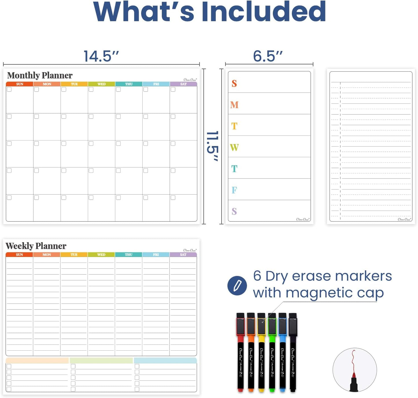 Non-Magnetic Dry Erase Calendar Set for Fridge - 14.5“x11.5 Reusable Monthly and Weekly Calendar - 6.5"x11.5" Menu and List Board Sticks to Most Smooth Surfaces - 6 Dry Erase Markers Included